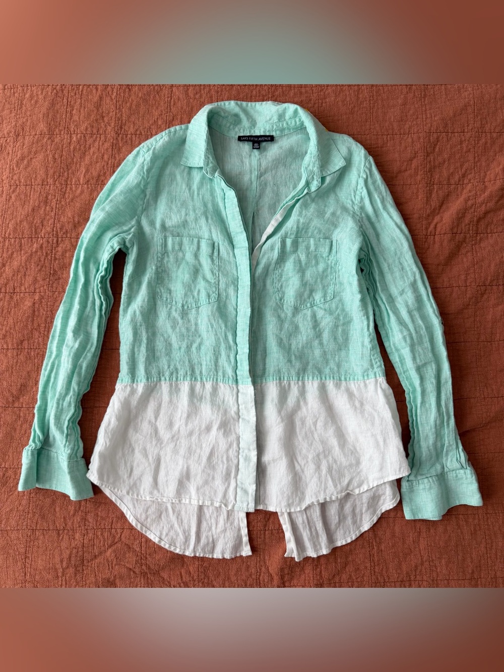 Saks Fifth Avenue 100% Linen Colorblock Button Down Shirt Women’s M Teal White